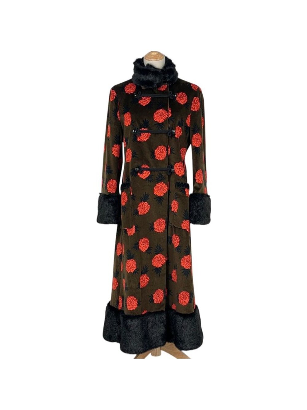 Gucci Flower Pattern Long Coat Ken Scott Fur Cotton Polyurethane Brown Red